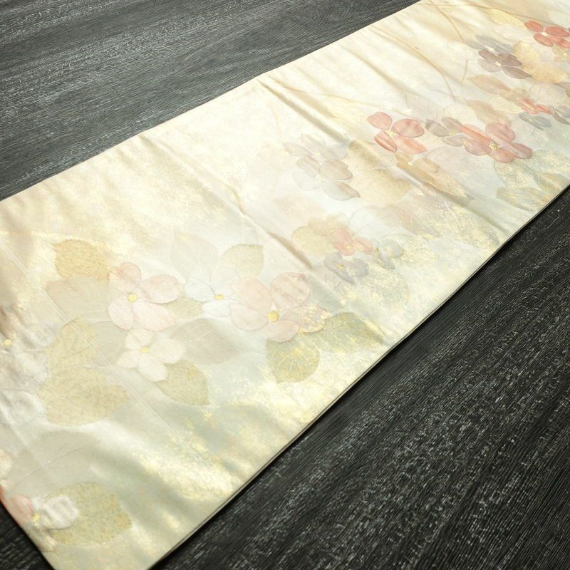 名古屋帯 六通柄 正絹 花柄 名古屋仕立て なごや帯 リサイクル帯 帯 箔 金糸 多色使い_画像8