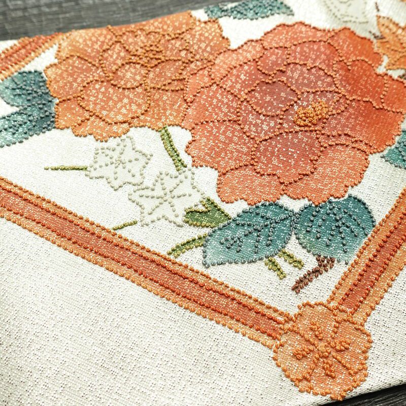 名古屋帯 太鼓柄 相良刺繍 正絹 花柄 名古屋仕立て なごや帯 リサイクル帯 帯 刺繍 金・銀_画像16