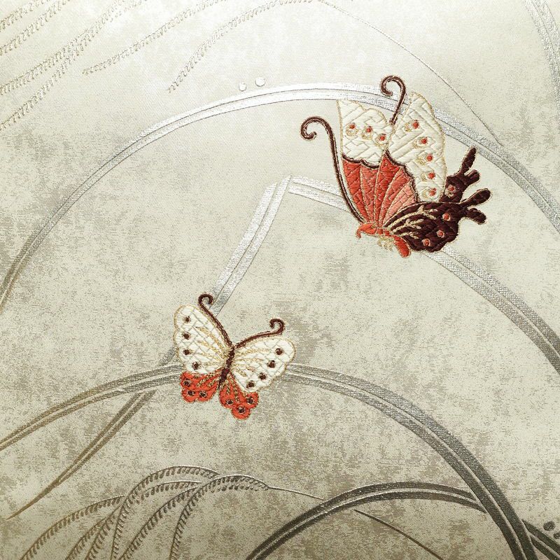 名古屋帯 太鼓柄 正絹 蝶・昆虫柄 名古屋仕立て なごや帯 リサイクル帯 帯 箔 金糸 白_画像2