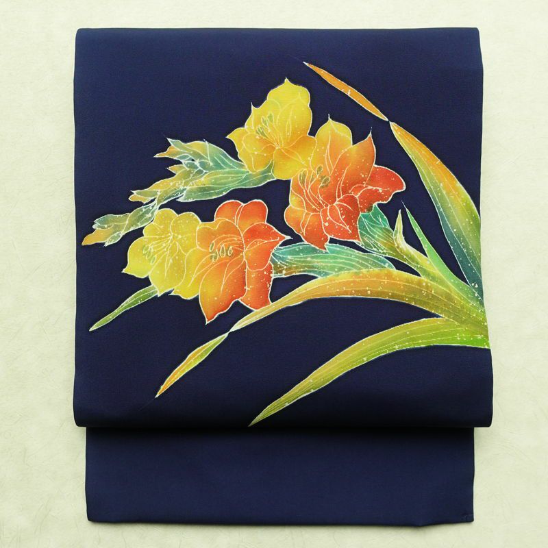 名古屋帯 太鼓柄 良品 正絹 花柄 名古屋仕立て なごや帯 リサイクル帯 一部しつけ糸付き 帯 シンプル 青・紺_画像1