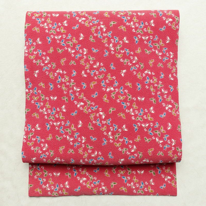 名古屋帯 全通柄 美品 縮緬 正絹 蝶・昆虫柄 名古屋仕立て なごや帯 リサイクル帯 帯 ピンク_画像1