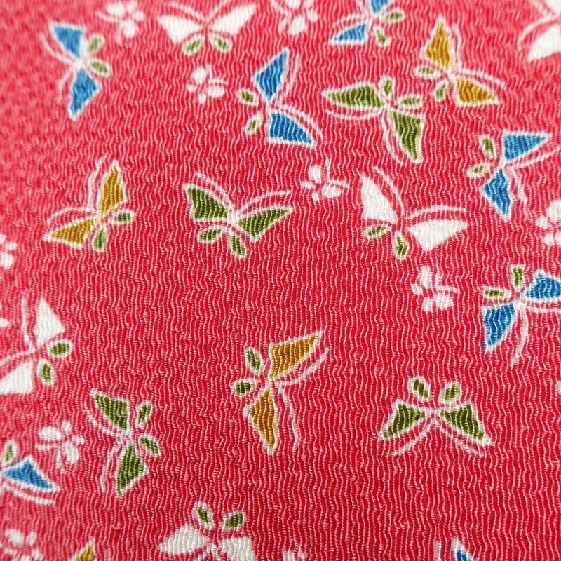 名古屋帯 全通柄 美品 縮緬 正絹 蝶・昆虫柄 名古屋仕立て なごや帯 リサイクル帯 帯 ピンク_画像6