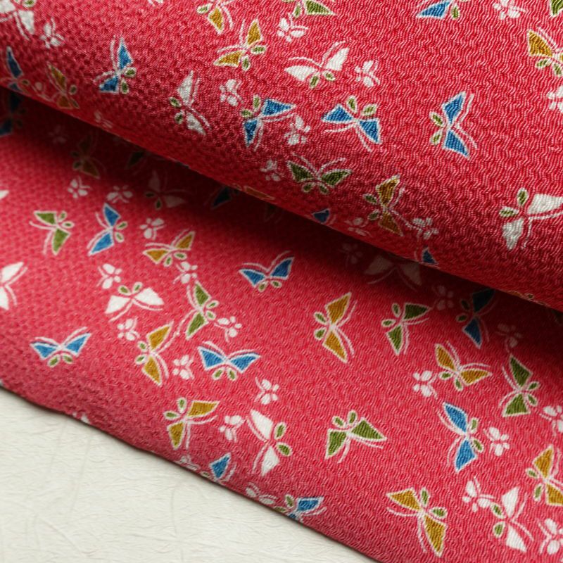 名古屋帯 全通柄 美品 縮緬 正絹 蝶・昆虫柄 名古屋仕立て なごや帯 リサイクル帯 帯 ピンク_画像8