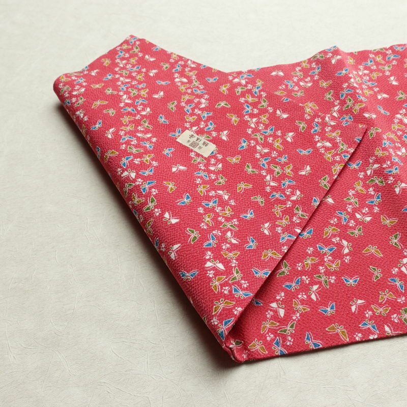 名古屋帯 全通柄 美品 縮緬 正絹 蝶・昆虫柄 名古屋仕立て なごや帯 リサイクル帯 帯 ピンク_画像10