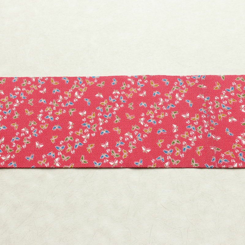 名古屋帯 全通柄 美品 縮緬 正絹 蝶・昆虫柄 名古屋仕立て なごや帯 リサイクル帯 帯 ピンク_画像13