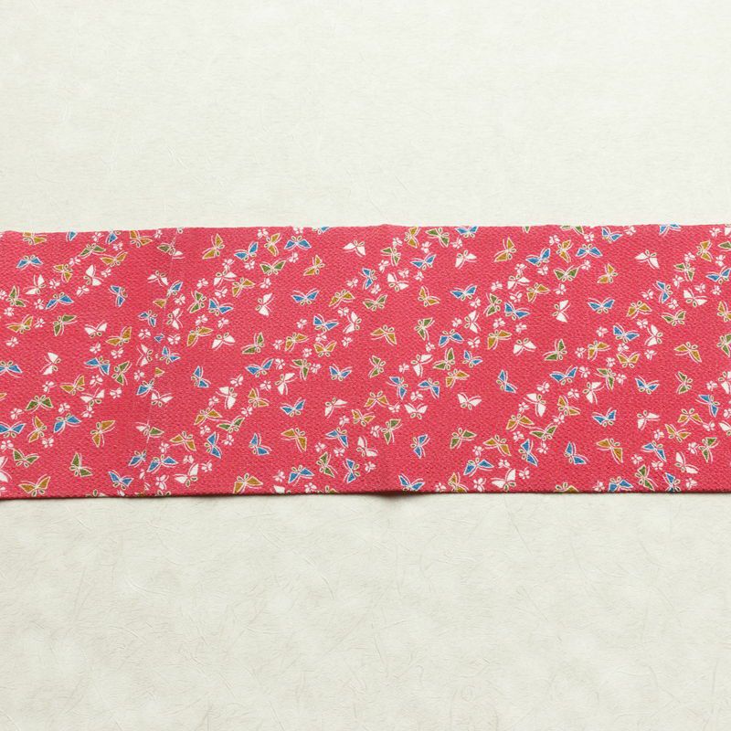 名古屋帯 全通柄 美品 縮緬 正絹 蝶・昆虫柄 名古屋仕立て なごや帯 リサイクル帯 帯 ピンク_画像14