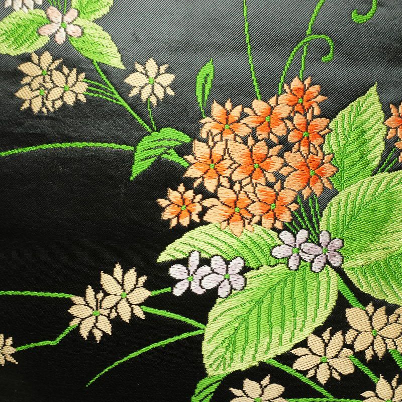 名古屋帯 太鼓柄 正絹 花柄 名古屋仕立て なごや帯 リサイクル帯 帯 黒_画像2