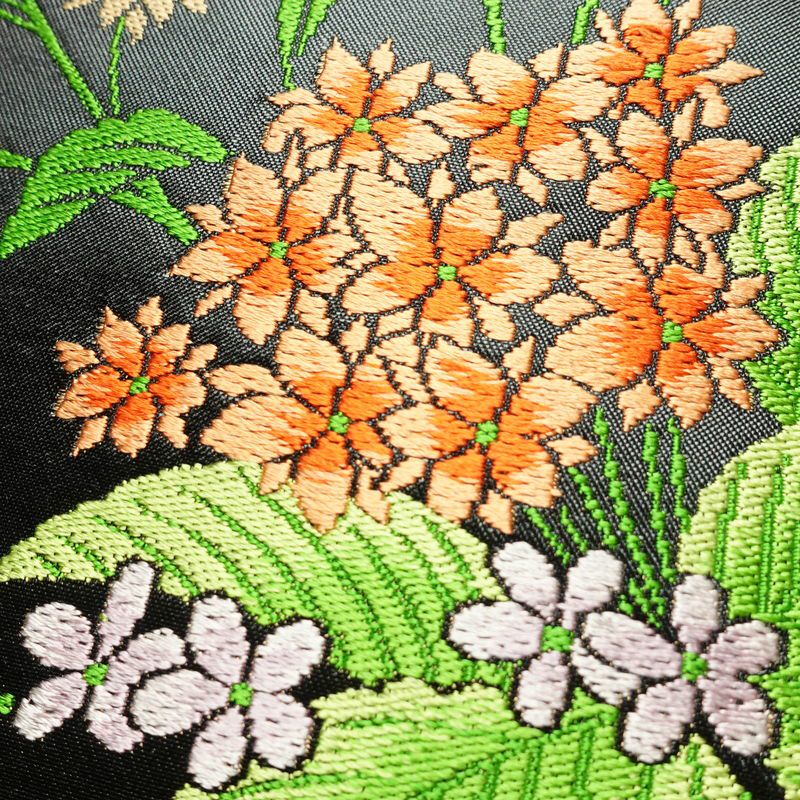 名古屋帯 太鼓柄 正絹 花柄 名古屋仕立て なごや帯 リサイクル帯 帯 黒_画像3