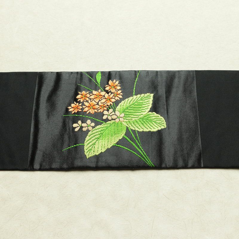 名古屋帯 太鼓柄 正絹 花柄 名古屋仕立て なごや帯 リサイクル帯 帯 黒_画像14