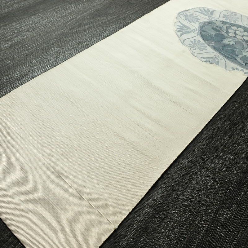 名古屋帯 太鼓柄 正絹 木の葉・植物柄 名古屋仕立て なごや帯 リサイクル帯 帯 モダン 白_画像10