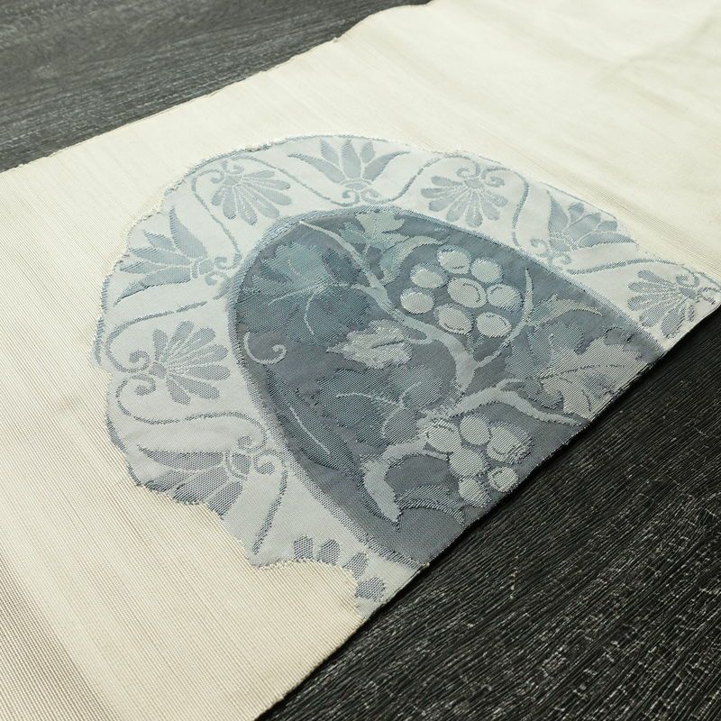 名古屋帯 太鼓柄 正絹 木の葉・植物柄 名古屋仕立て なごや帯 リサイクル帯 帯 モダン 白_画像12