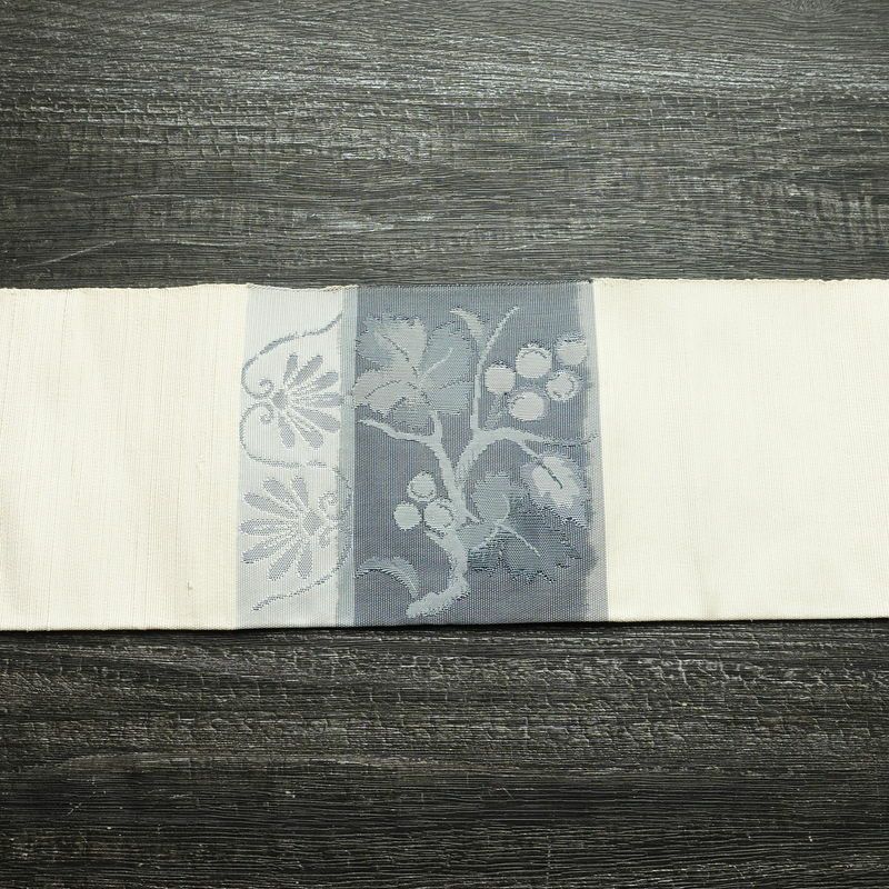 名古屋帯 太鼓柄 正絹 木の葉・植物柄 名古屋仕立て なごや帯 リサイクル帯 帯 モダン 白_画像16