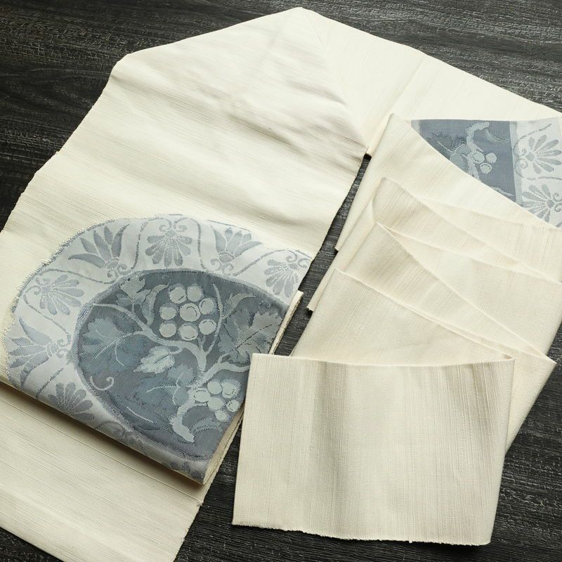 名古屋帯 太鼓柄 正絹 木の葉・植物柄 名古屋仕立て なごや帯 リサイクル帯 帯 モダン 白_画像19