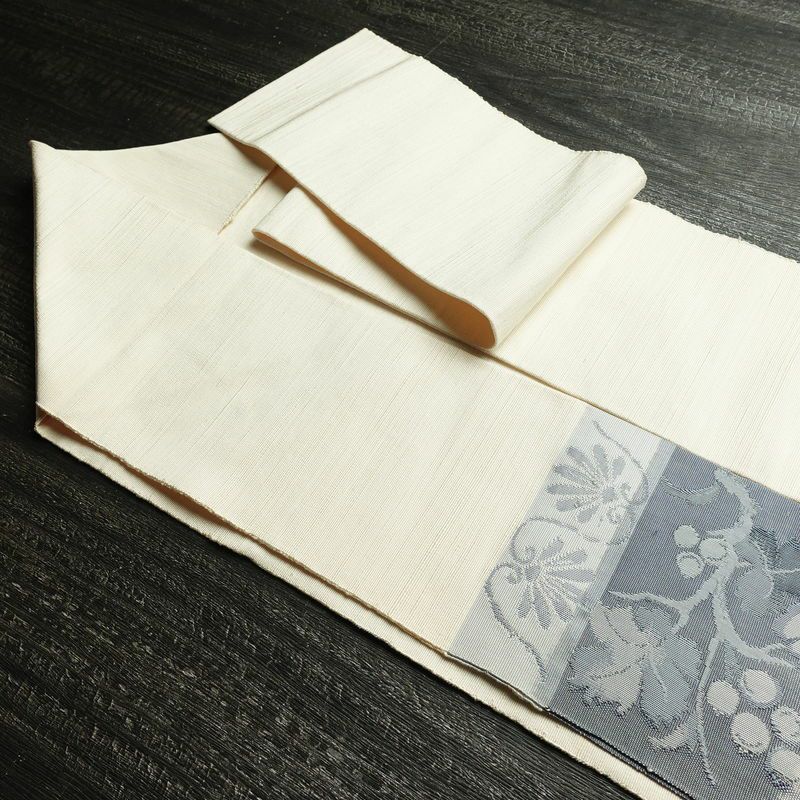 名古屋帯 太鼓柄 正絹 木の葉・植物柄 名古屋仕立て なごや帯 リサイクル帯 帯 モダン 白_画像21