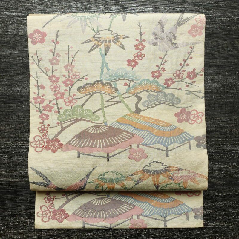 名古屋帯 太鼓柄 正絹 古典柄 名古屋仕立て なごや帯 リサイクル帯 帯 ベージュ_画像1