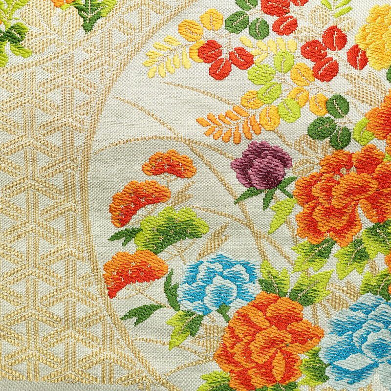 名古屋帯 太鼓柄 正絹 花柄 松葉仕立て なごや帯 リサイクル帯 帯 金・銀_画像2