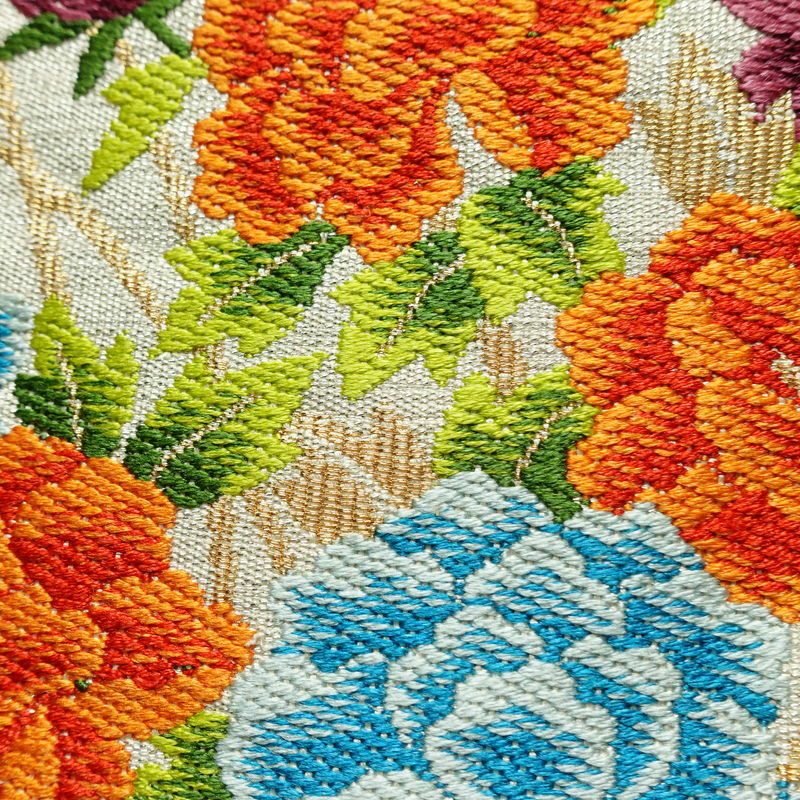 名古屋帯 太鼓柄 正絹 花柄 松葉仕立て なごや帯 リサイクル帯 帯 金・銀_画像3