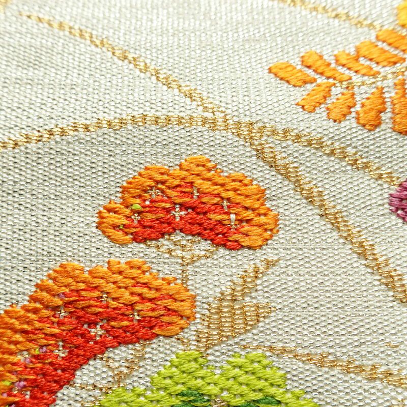 名古屋帯 太鼓柄 正絹 花柄 松葉仕立て なごや帯 リサイクル帯 帯 金・銀_画像6