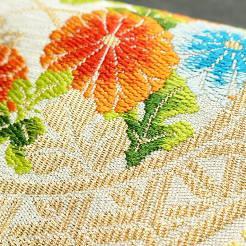 名古屋帯 太鼓柄 正絹 花柄 松葉仕立て なごや帯 リサイクル帯 帯 金・銀_画像7