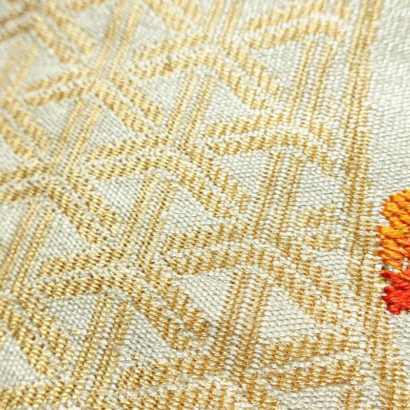 名古屋帯 太鼓柄 正絹 花柄 松葉仕立て なごや帯 リサイクル帯 帯 金・銀_画像8