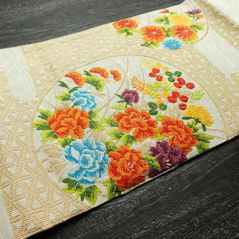 名古屋帯 太鼓柄 正絹 花柄 松葉仕立て なごや帯 リサイクル帯 帯 金・銀_画像13