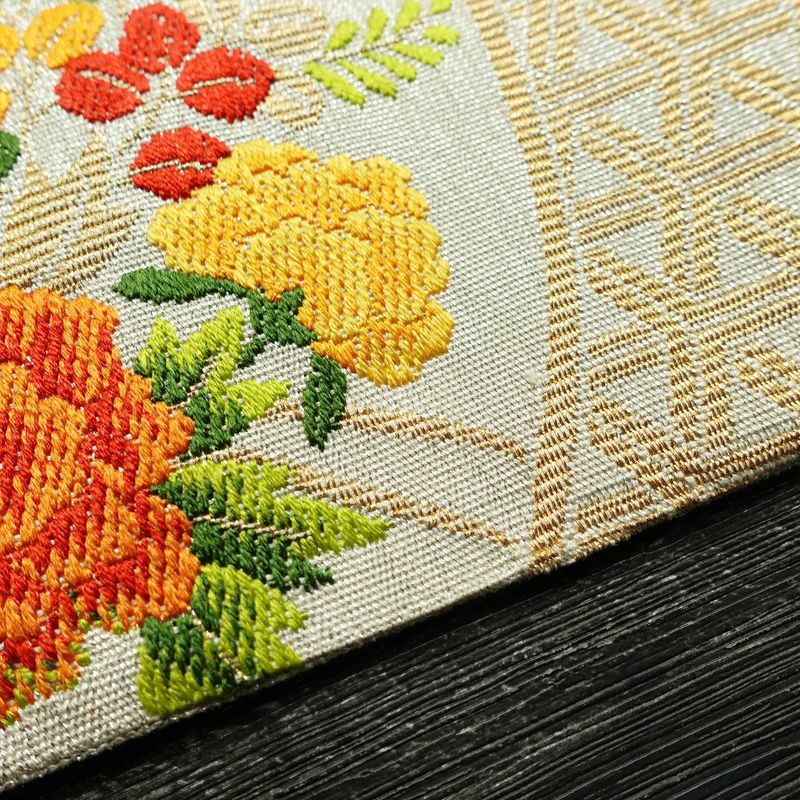 名古屋帯 太鼓柄 正絹 花柄 松葉仕立て なごや帯 リサイクル帯 帯 金・銀_画像14