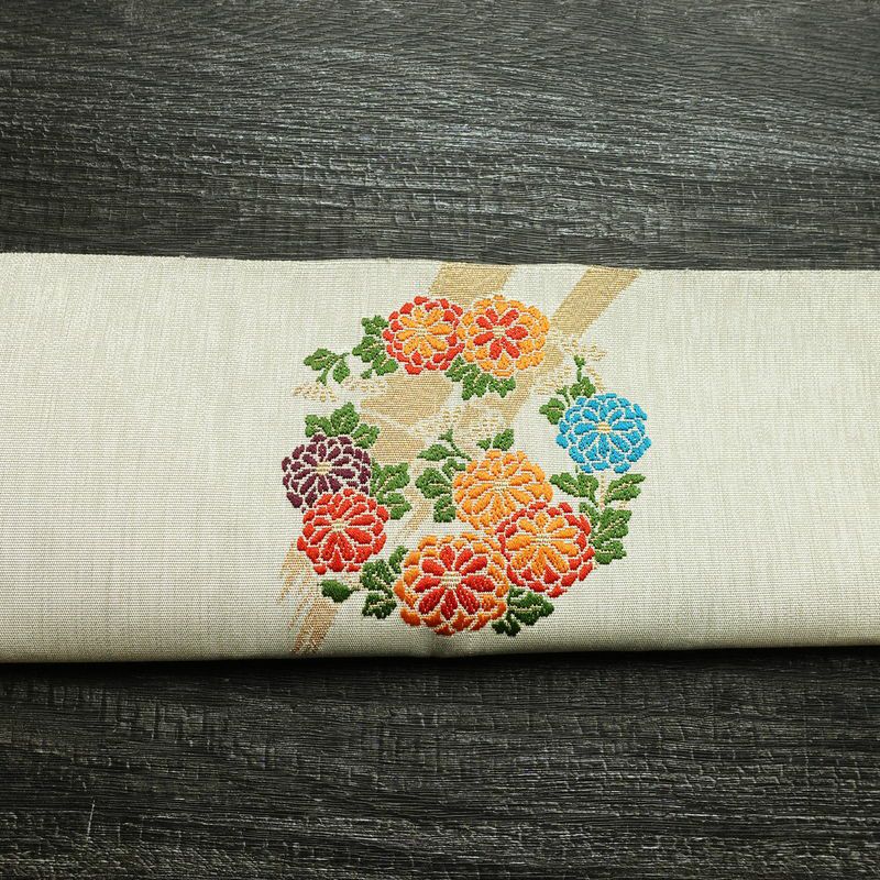 名古屋帯 太鼓柄 正絹 花柄 松葉仕立て なごや帯 リサイクル帯 帯 金・銀_画像15