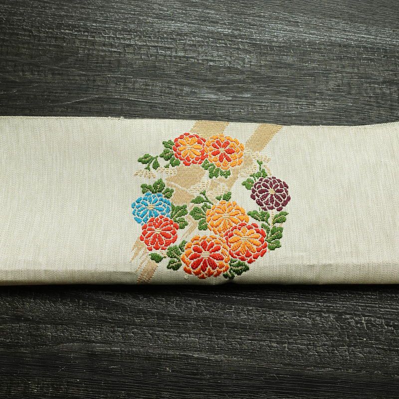 名古屋帯 太鼓柄 正絹 花柄 松葉仕立て なごや帯 リサイクル帯 帯 金・銀_画像16