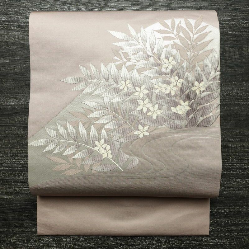 名古屋帯 太鼓柄 正絹 花柄 名古屋仕立て なごや帯 リサイクル帯 帯 引箔 紫・藤色_画像1