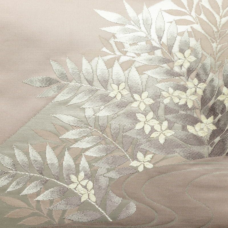 名古屋帯 太鼓柄 正絹 花柄 名古屋仕立て なごや帯 リサイクル帯 帯 引箔 紫・藤色_画像2