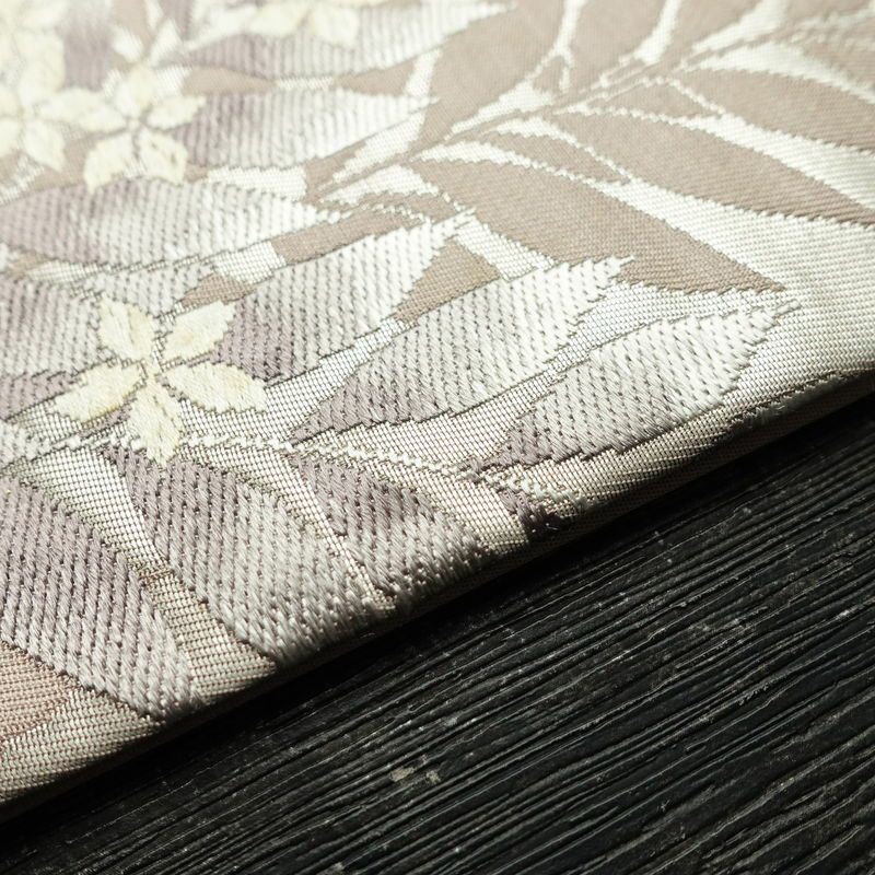 名古屋帯 太鼓柄 正絹 花柄 名古屋仕立て なごや帯 リサイクル帯 帯 引箔 紫・藤色_画像12