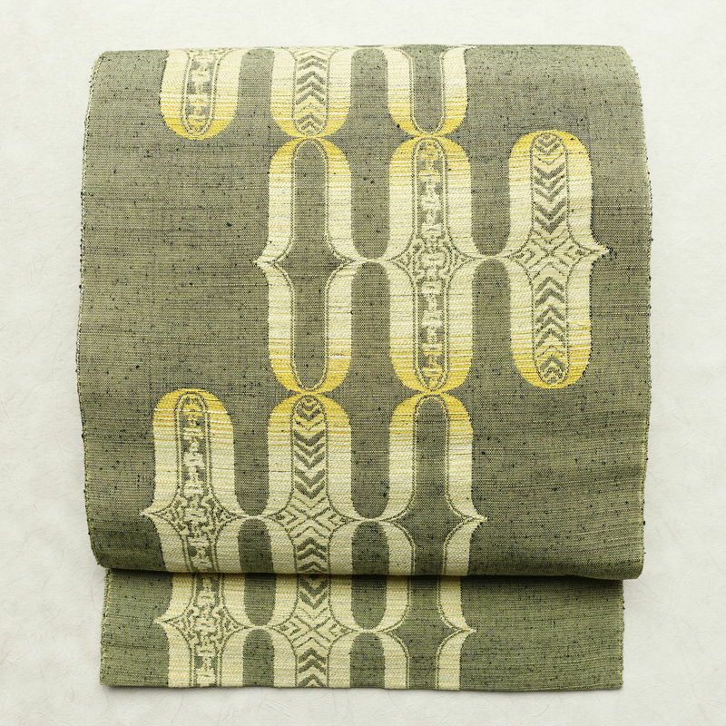 名古屋帯 六通柄 良品 正絹 古典柄 通し仕立て なごや帯 リサイクル帯 帯 緑・うぐいす色_画像1