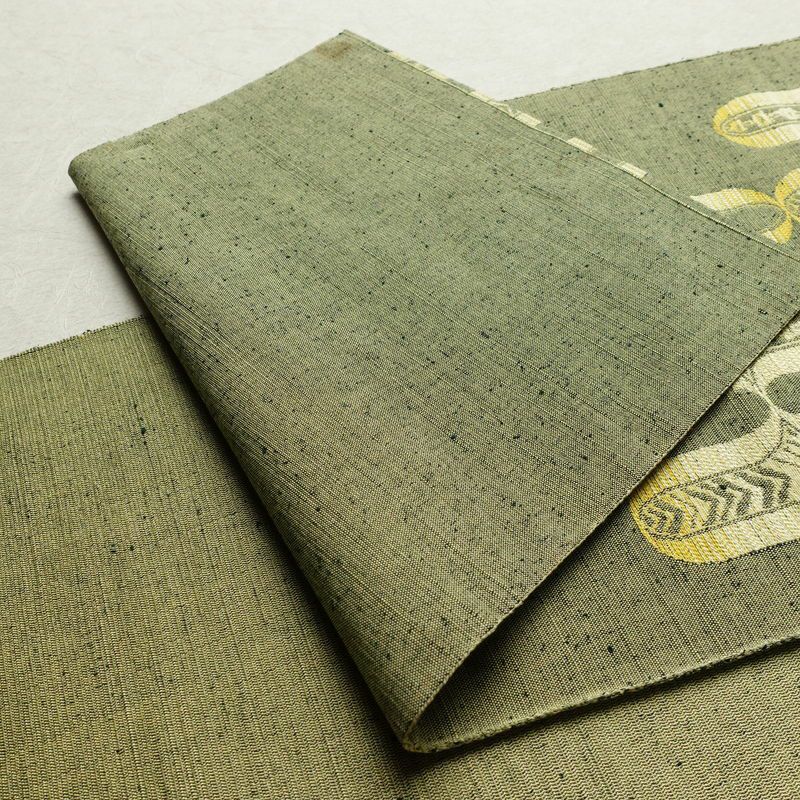 名古屋帯 六通柄 良品 正絹 古典柄 通し仕立て なごや帯 リサイクル帯 帯 緑・うぐいす色_画像9