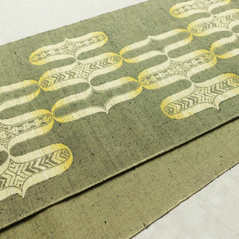 名古屋帯 六通柄 良品 正絹 古典柄 通し仕立て なごや帯 リサイクル帯 帯 緑・うぐいす色_画像10