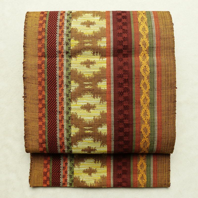 名古屋帯 六通柄 良品 正絹 縞柄・線柄 通し仕立て なごや帯 リサイクル帯 帯 黄・黄土色_画像1