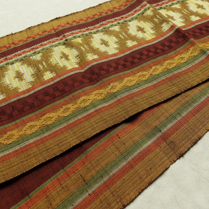 名古屋帯 六通柄 良品 正絹 縞柄・線柄 通し仕立て なごや帯 リサイクル帯 帯 黄・黄土色_画像12