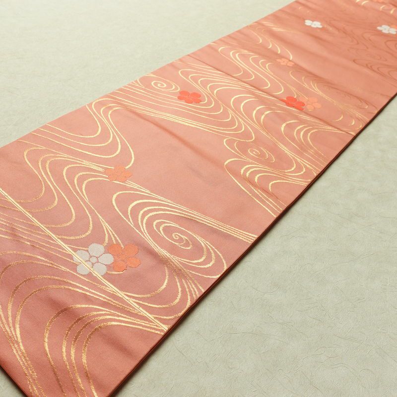名古屋帯 六通柄 正絹 流水・波柄 名古屋仕立て なごや帯 リサイクル帯 帯 ピンク_画像9