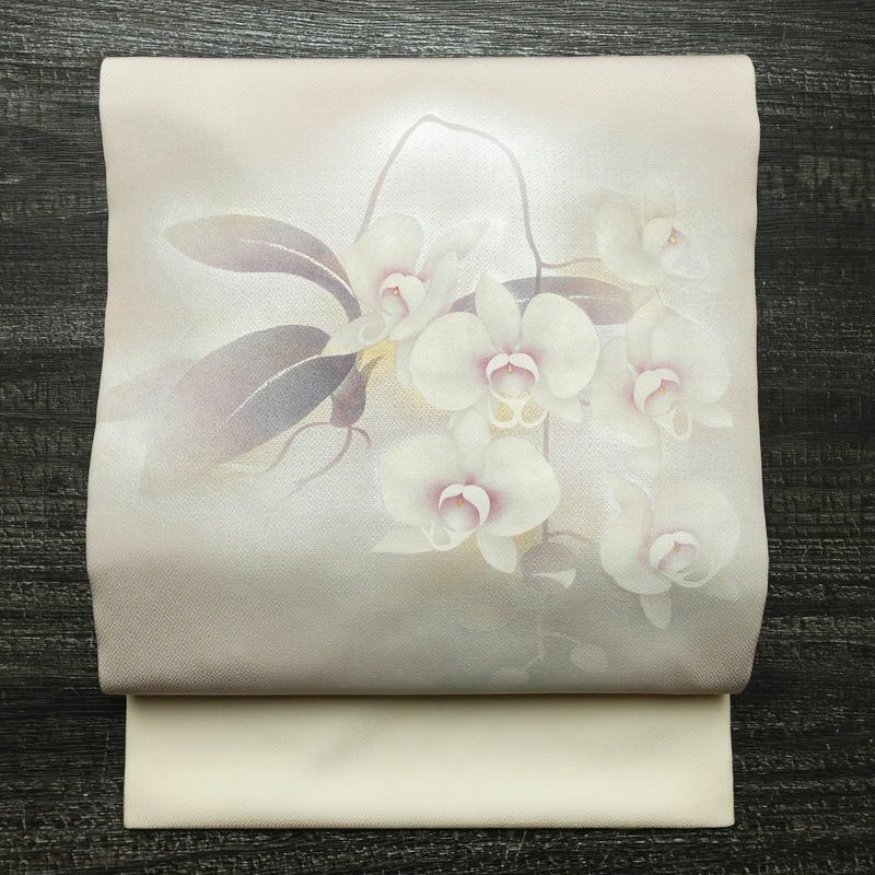 名古屋帯 太鼓柄 落款入り 正絹 花柄 名古屋仕立て なごや帯 リサイクル帯 帯 金彩 紫・藤色_画像1