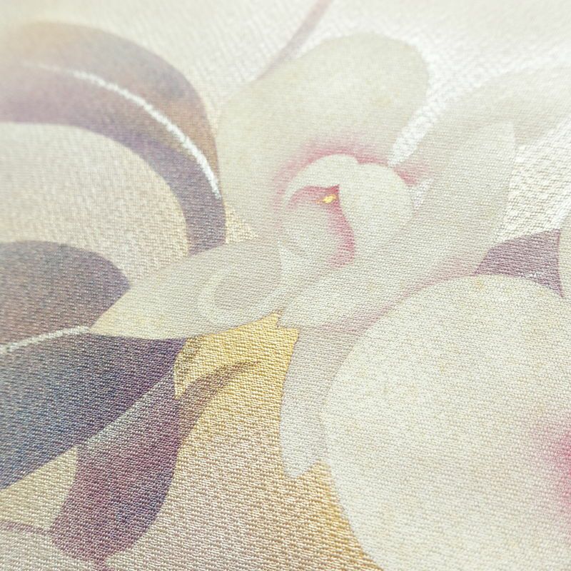 名古屋帯 太鼓柄 落款入り 正絹 花柄 名古屋仕立て なごや帯 リサイクル帯 帯 金彩 紫・藤色_画像6