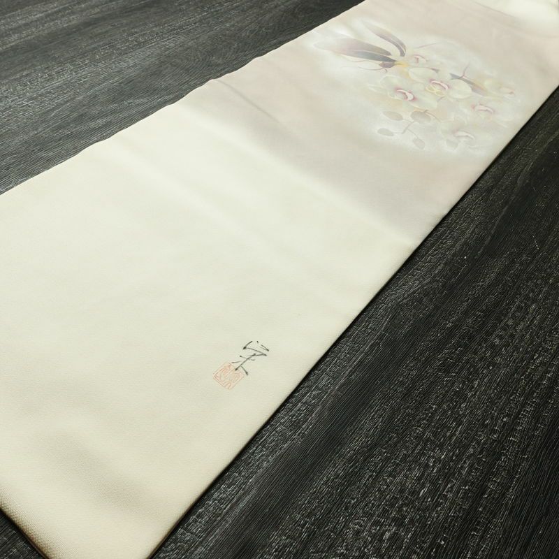 名古屋帯 太鼓柄 落款入り 正絹 花柄 名古屋仕立て なごや帯 リサイクル帯 帯 金彩 紫・藤色_画像11