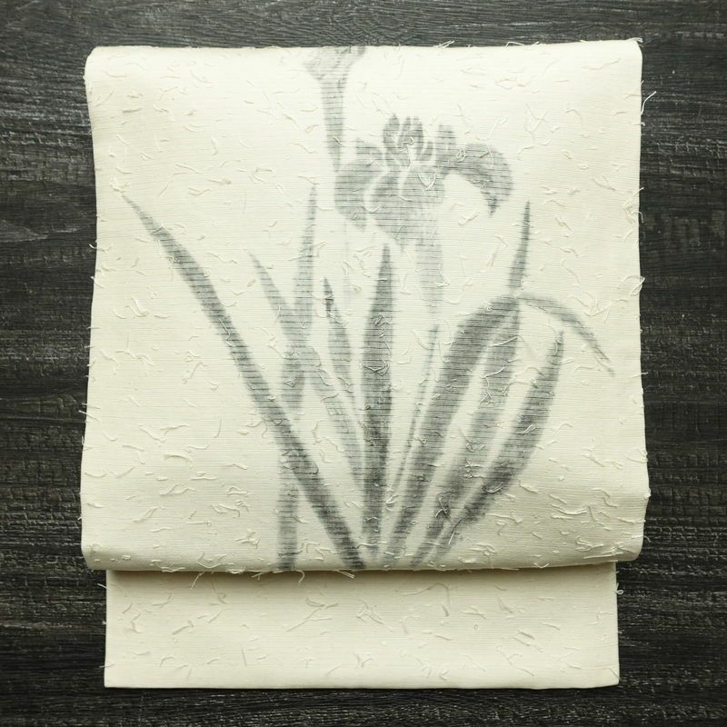 名古屋帯 髭紬 太鼓柄 正絹 木の葉・植物柄 名古屋仕立て なごや帯 リサイクル帯 帯 クリーム_画像1