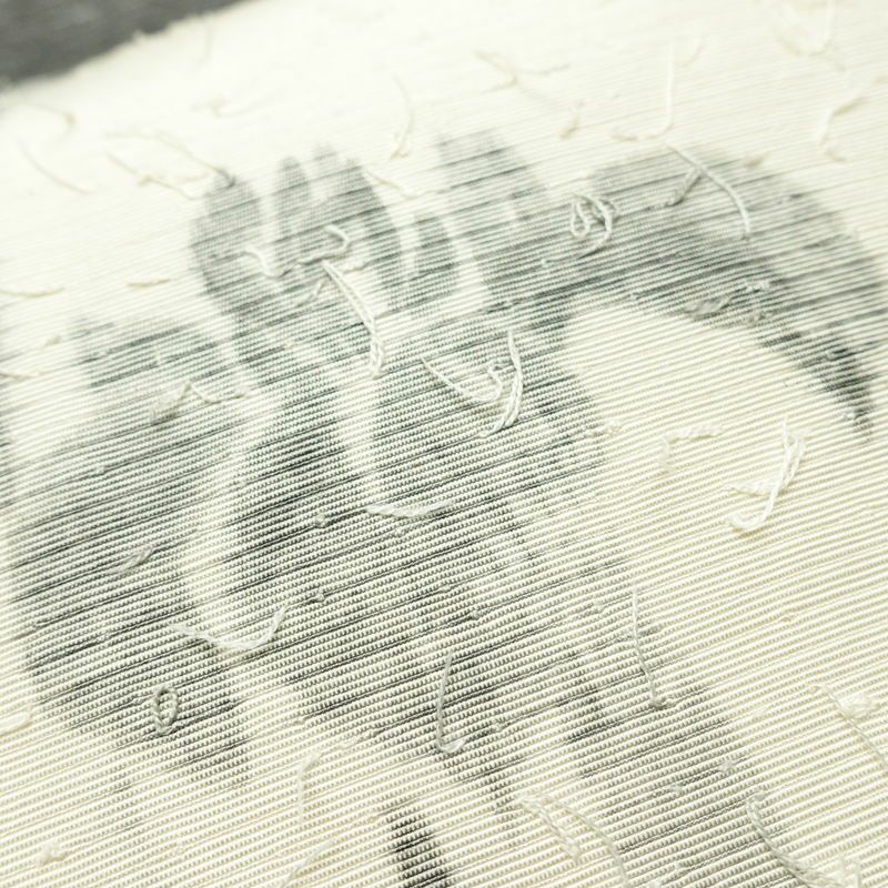 名古屋帯 髭紬 太鼓柄 正絹 木の葉・植物柄 名古屋仕立て なごや帯 リサイクル帯 帯 クリーム_画像4