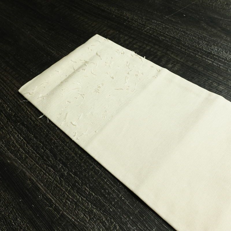 名古屋帯 髭紬 太鼓柄 正絹 木の葉・植物柄 名古屋仕立て なごや帯 リサイクル帯 帯 クリーム_画像16