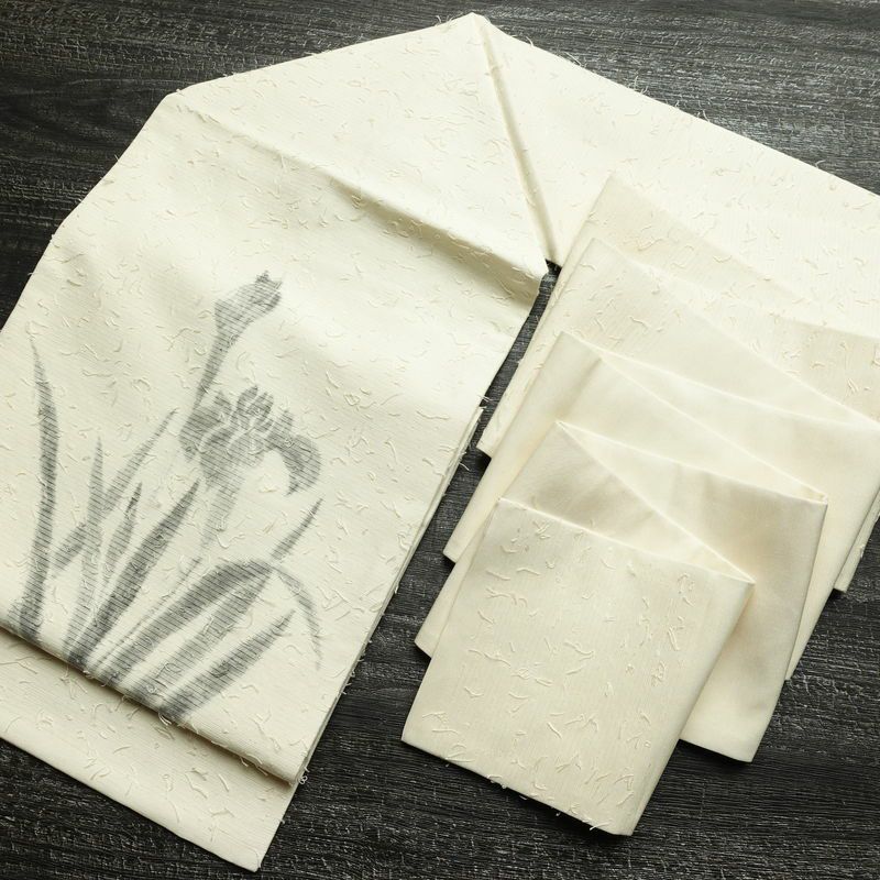 名古屋帯 髭紬 太鼓柄 正絹 木の葉・植物柄 名古屋仕立て なごや帯 リサイクル帯 帯 クリーム_画像17