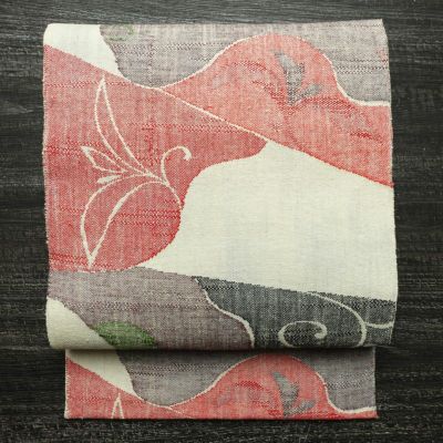 名古屋帯 六通柄 正絹 木の葉・植物柄 名古屋仕立て なごや帯 リサイクル帯 帯 紬地 白