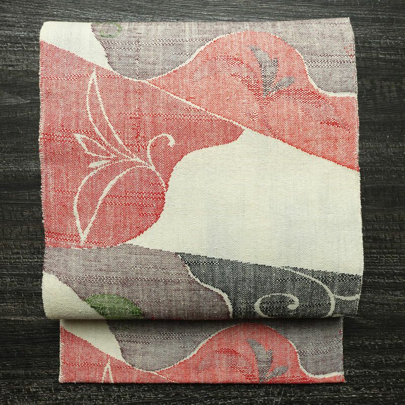 名古屋帯 六通柄 正絹 木の葉・植物柄 名古屋仕立て なごや帯 リサイクル帯 帯 紬地 白_画像1