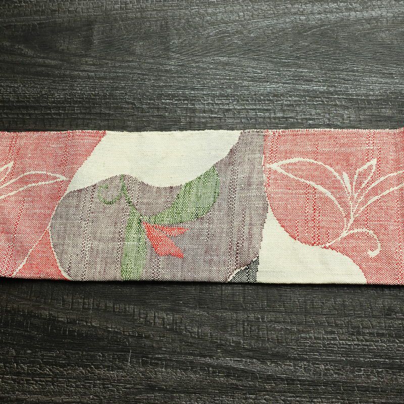 名古屋帯 六通柄 正絹 木の葉・植物柄 名古屋仕立て なごや帯 リサイクル帯 帯 紬地 白_画像12