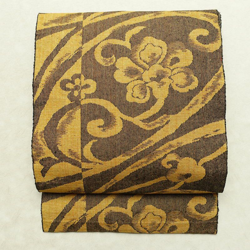 名古屋帯 六通柄 正絹 花柄 松葉仕立て なごや帯 リサイクル帯 帯 紬地 黄・黄土色_画像1