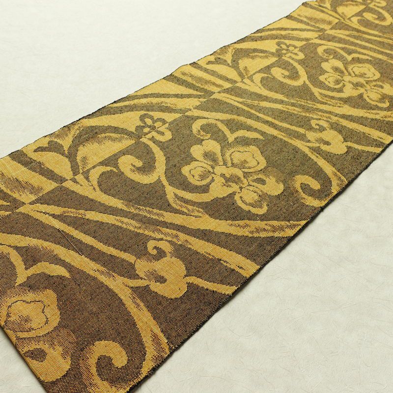 名古屋帯 六通柄 正絹 花柄 松葉仕立て なごや帯 リサイクル帯 帯 紬地 黄・黄土色_画像8