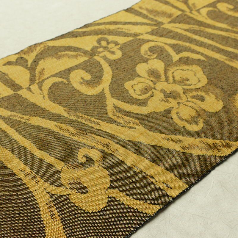 名古屋帯 六通柄 正絹 花柄 松葉仕立て なごや帯 リサイクル帯 帯 紬地 黄・黄土色_画像11